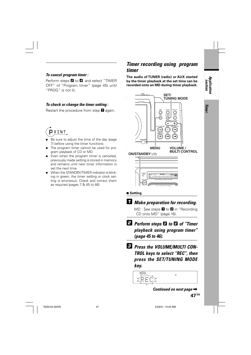 Timer recording using program timer, Make preparation for recording, Continued on next page | Timer, Restart the procedure from step 1 again, Loud khz mhz md md cd cd | Kenwood MDX-G2 User Manual | Page 47 / 60