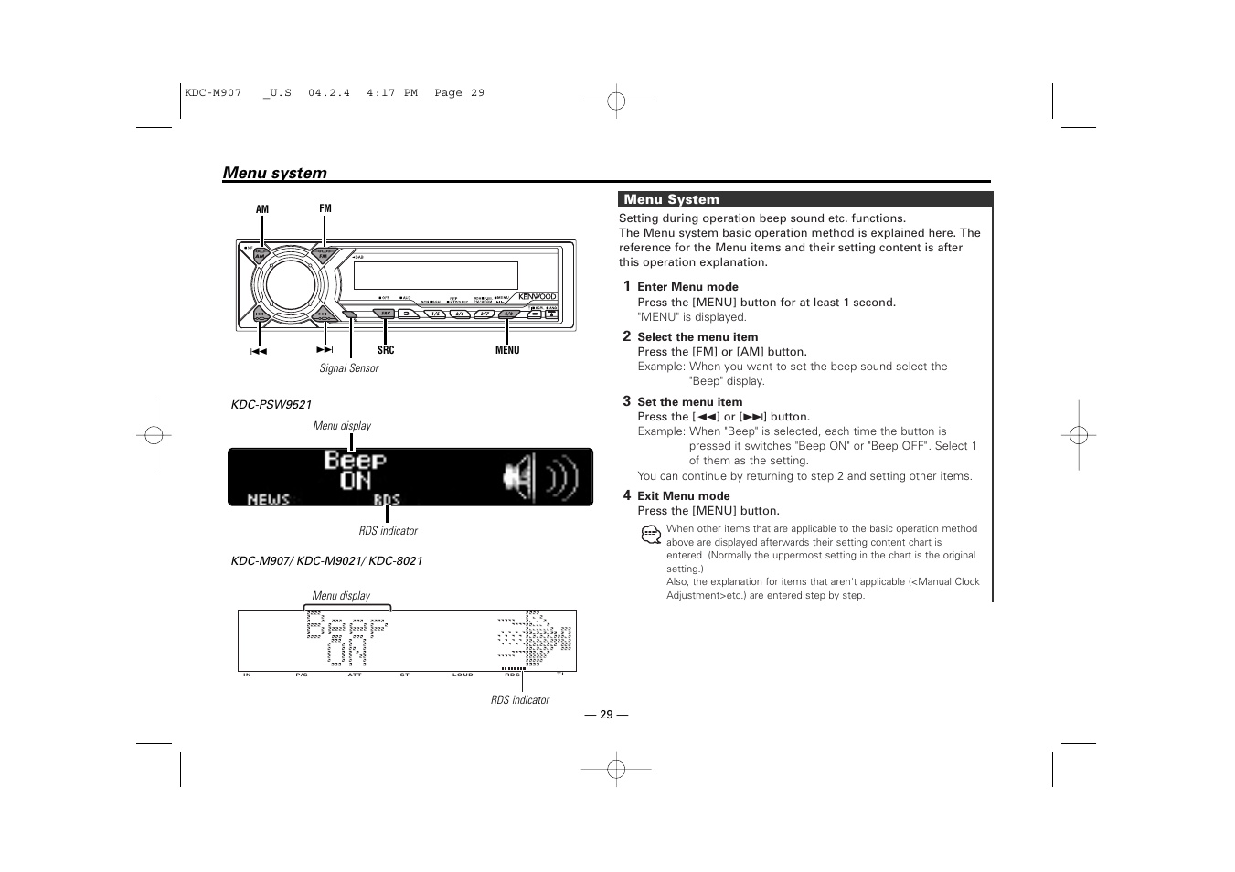 Menu system | Kenwood KDC-PSW9521  EN User Manual | Page 29 / 52