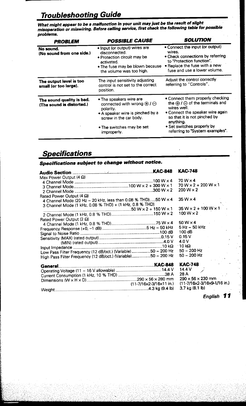 Specifications subject to change without notice, Troubleshooting guide, Specifications | Kenwood KAC-748 User Manual | Page 11 / 11