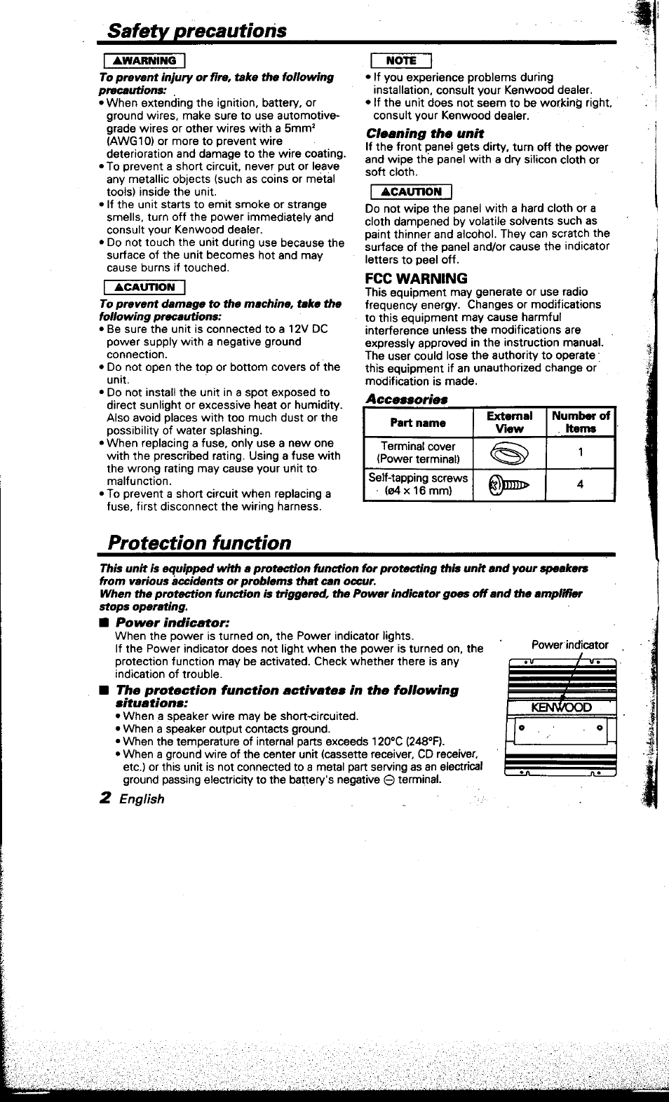 Safety precautions, To prevent injury or fire, take the following, To prevent damage to the machine, take the | Cl»aning the unit, Protection function, Power indicator | Kenwood KAC-748 User Manual | Page 2 / 11