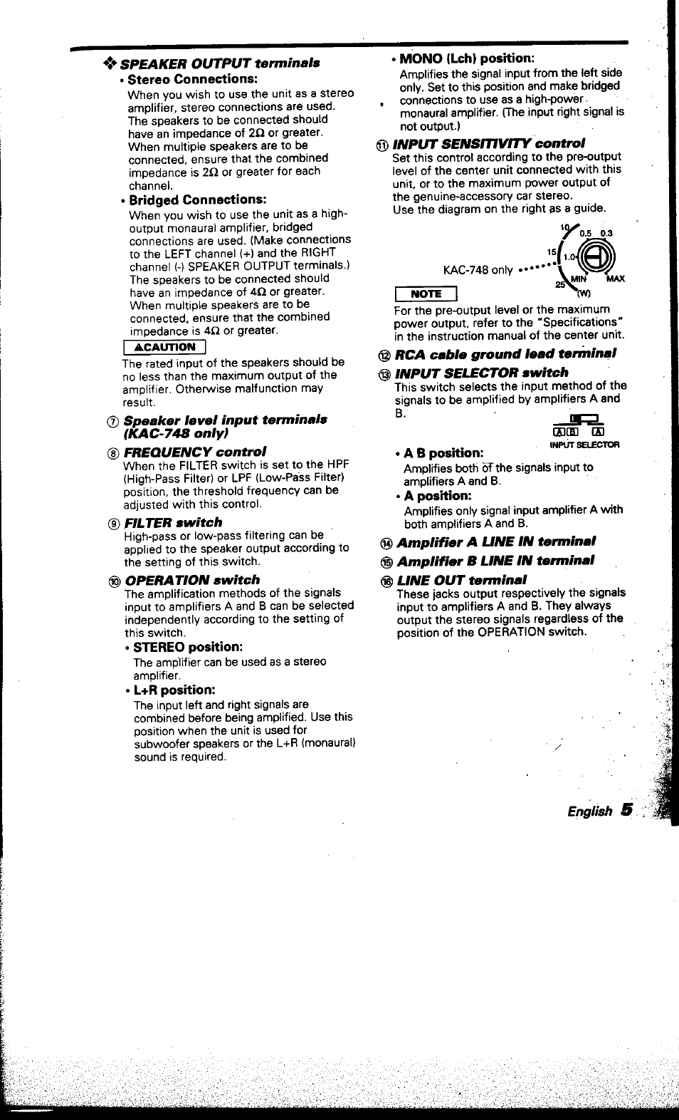 Speaker output terminals, 0 speaker level input terminals (kac-748 only), Frequency control | 0 filter switch, 0 operation switch, Input sensitivity control, Rca cable ground lead terminal, Input selector switch, Amplifier a line in terminal, Amplifier b line in terminal | Kenwood KAC-748 User Manual | Page 5 / 11