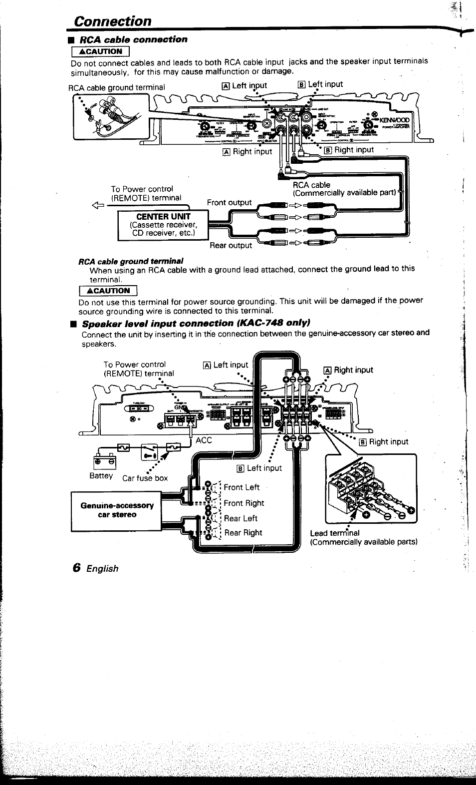 Connection, Hca cable connection, Speaker level input connection {kac~748 only) | Kenwood KAC-748 User Manual | Page 6 / 11
