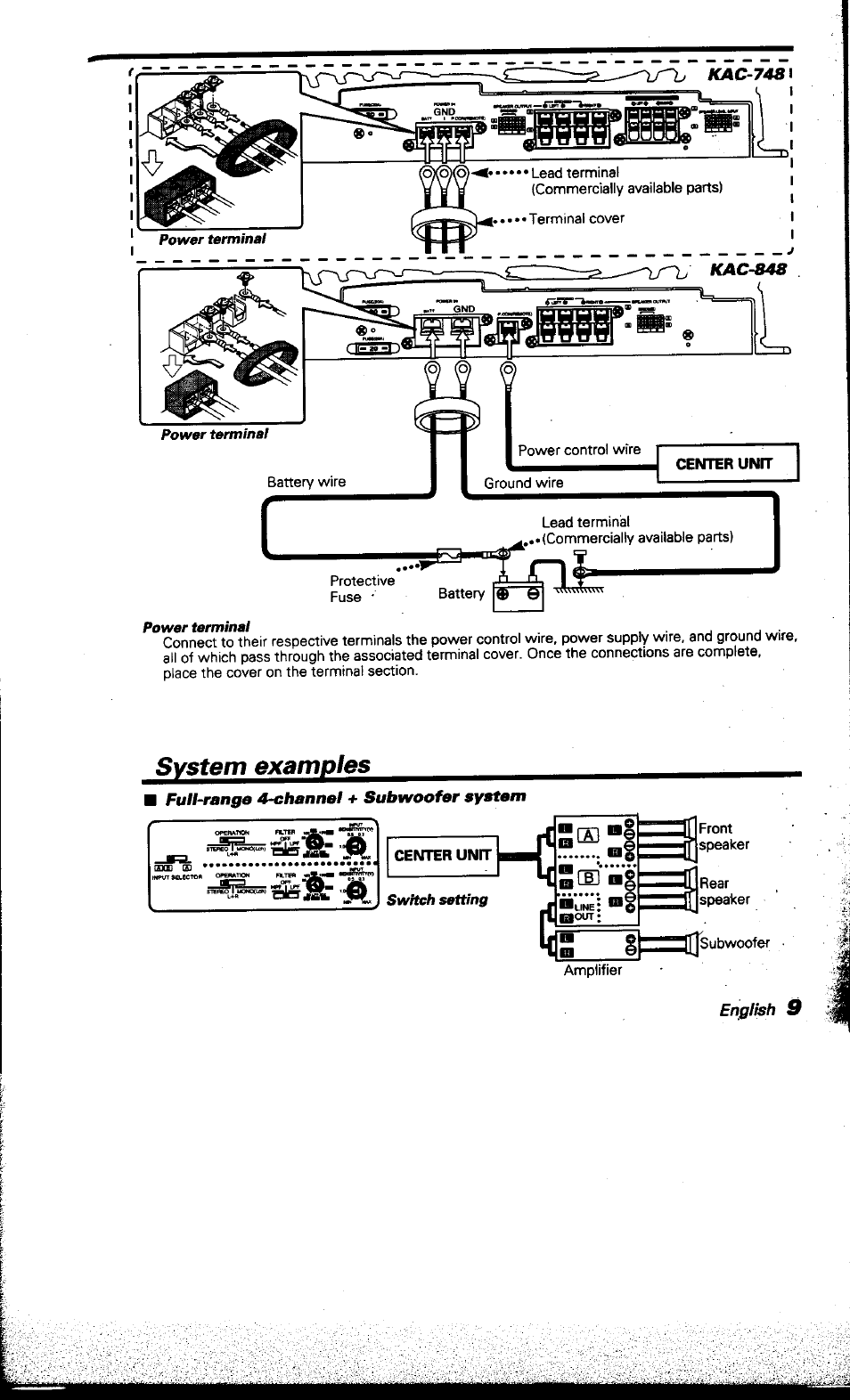 Kac-748, System examples, Kac-848 | Fuh-range 4-clianne/ + subwoofer syatem | Kenwood KAC-748 User Manual | Page 9 / 11