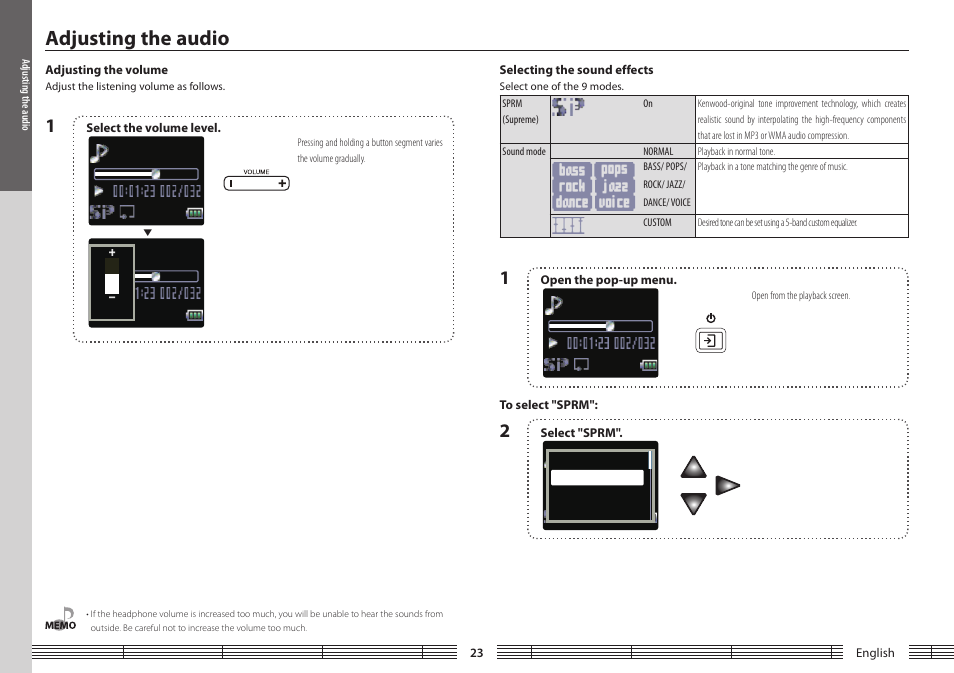 Adjusting the audio, Adjusting the volume, Selecting the sound effects | Adjusting.the.volume selecting.the.sound.effects | Kenwood M1GC7 User Manual | Page 23 / 36