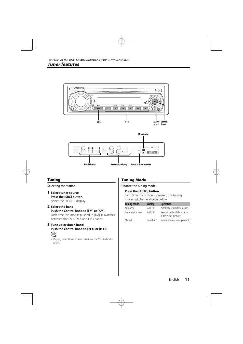 Tuner features, Tuning, Tuning mode | Kenwood KDC-MP4029G User Manual | Page 11 / 40
