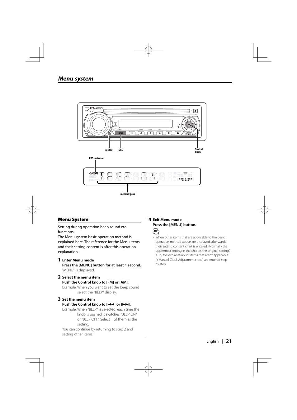 Menu system | Kenwood KDC-MP4029G User Manual | Page 21 / 40