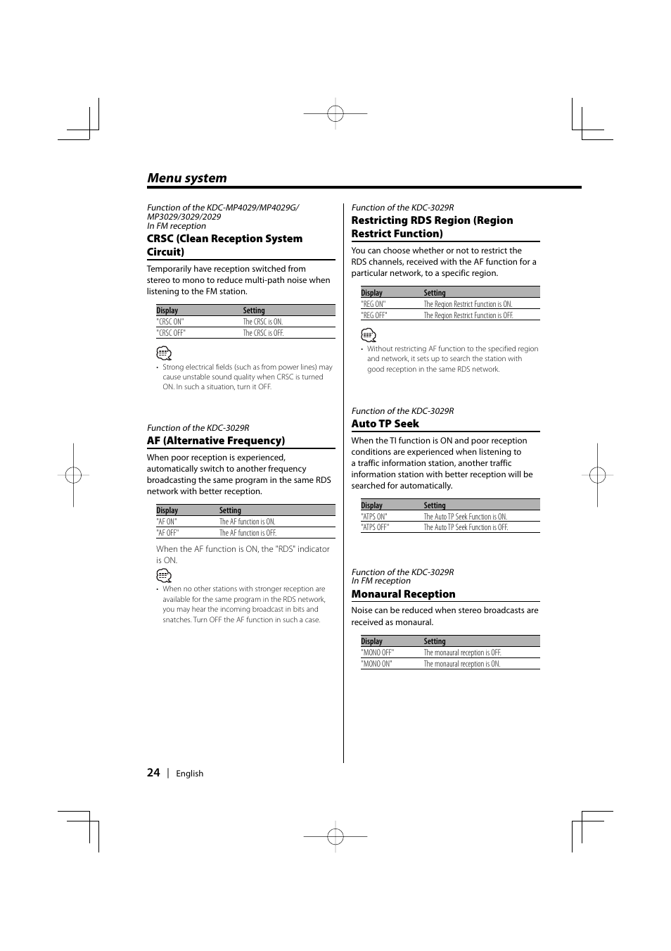 Menu system | Kenwood KDC-MP4029G User Manual | Page 24 / 40