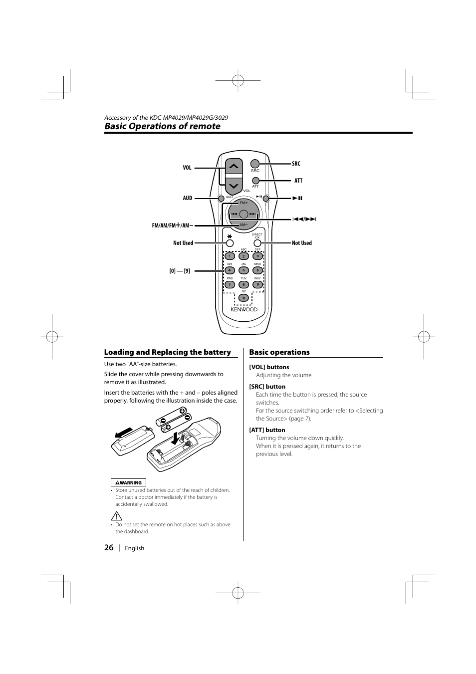 Basic operations of remote, Loading and replacing the battery, Basic operations | Kenwood KDC-MP4029G User Manual | Page 26 / 40