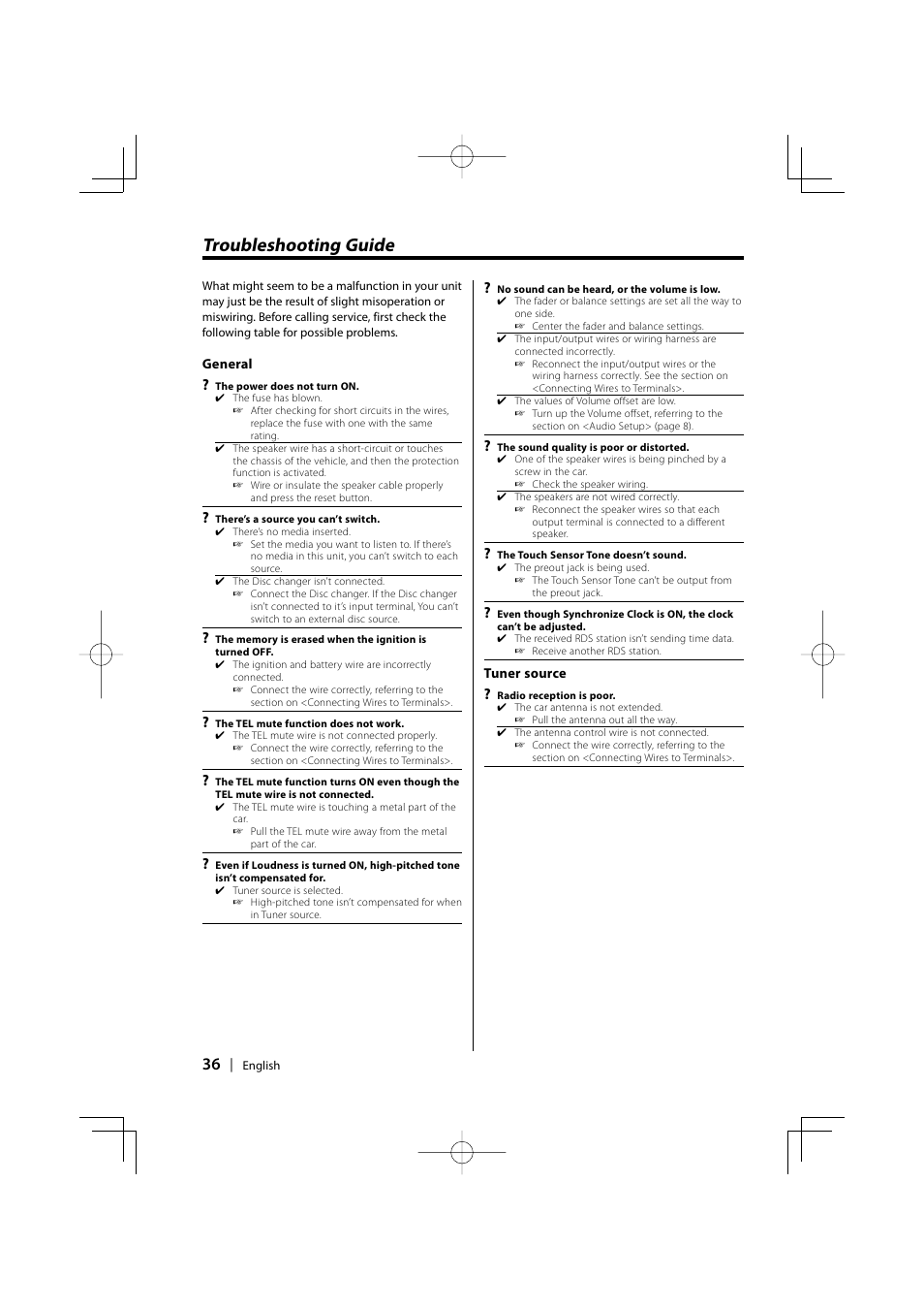 Troubleshooting guide | Kenwood KDC-MP4029G User Manual | Page 36 / 40