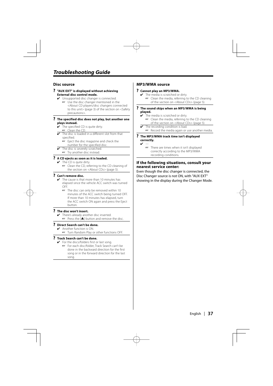 Troubleshooting guide | Kenwood KDC-MP4029G User Manual | Page 37 / 40