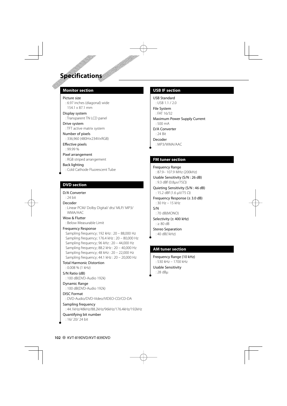 Specifications | Kenwood KVT-819DVD User Manual | Page 102 / 104