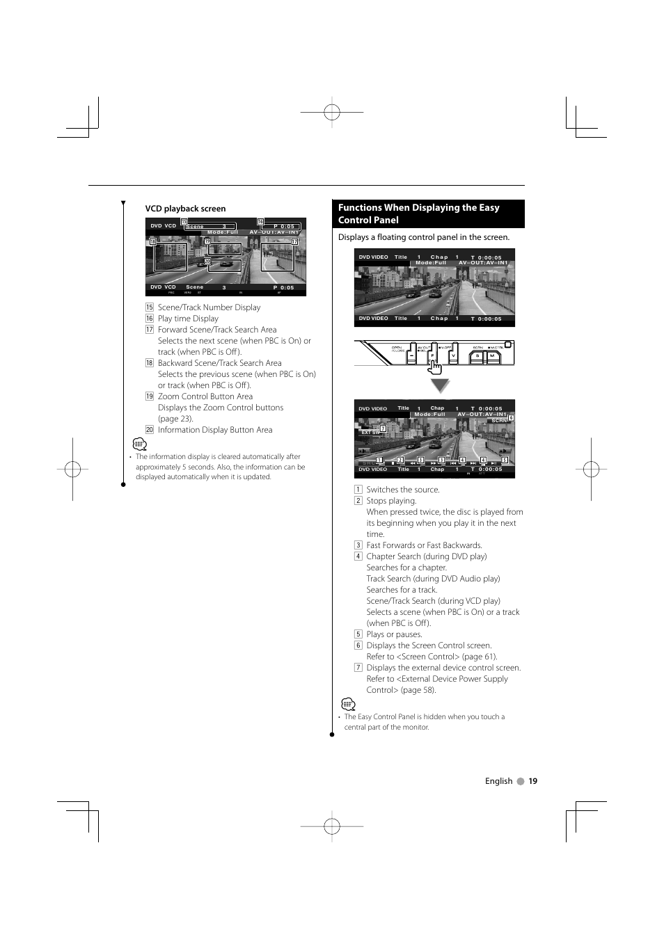 Functions when displaying the easy control panel, English 19 vcd playback screen, Displays a floating control panel in the screen | Kenwood KVT-819DVD User Manual | Page 19 / 104