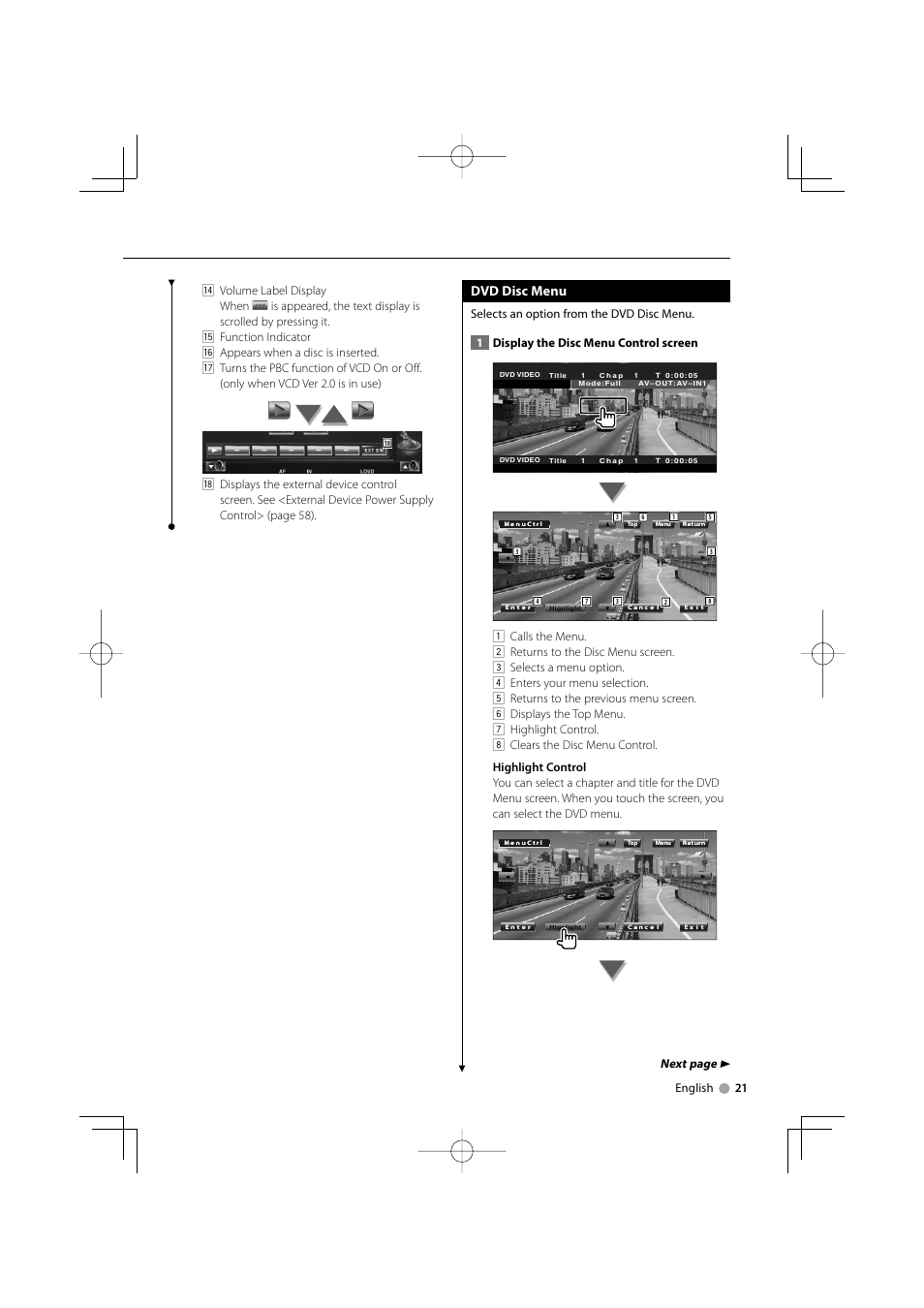 Dvd disc menu, Next page 3, English 21 | Kenwood KVT-819DVD User Manual | Page 21 / 104