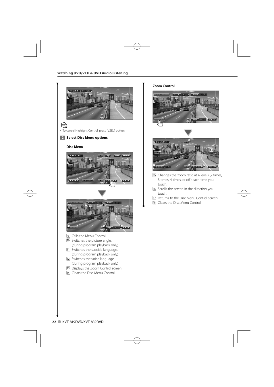 2select disc menu options disc menu | Kenwood KVT-819DVD User Manual | Page 22 / 104