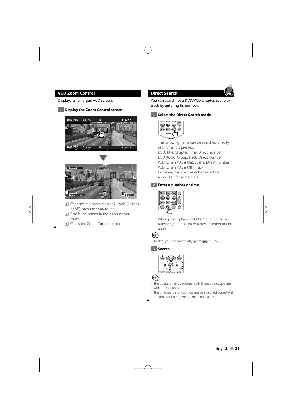 Vcd zoom control, Direct search, English 23 | 3search, Clear) | Kenwood KVT-819DVD User Manual | Page 23 / 104