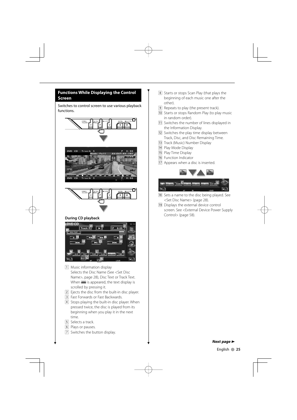 Functions while displaying the control screen, Next page 3 | Kenwood KVT-819DVD User Manual | Page 25 / 104