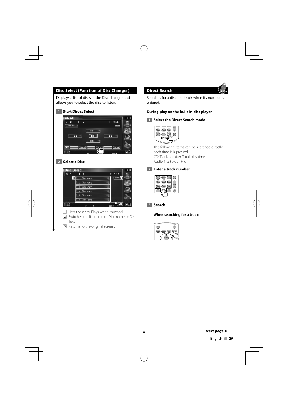 Disc select (function of disc changer), Direct search, Next page 3 | English 29, 3search when searching for a track | Kenwood KVT-819DVD User Manual | Page 29 / 104