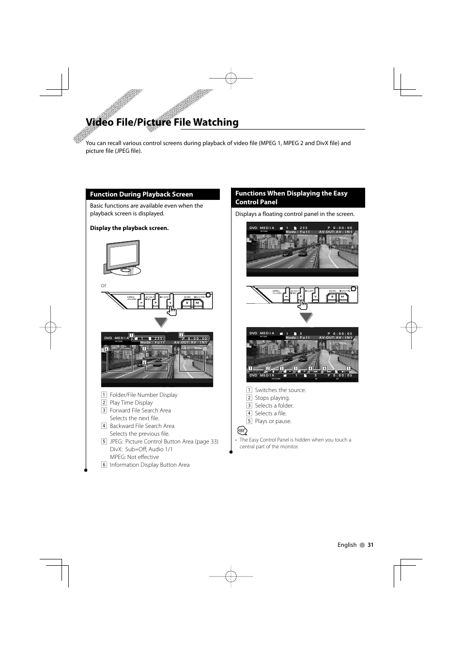 Video file/picture file watching, Function during playback screen, Functions when displaying the easy control panel | English 31, Displays a floating control panel in the screen | Kenwood KVT-819DVD User Manual | Page 31 / 104