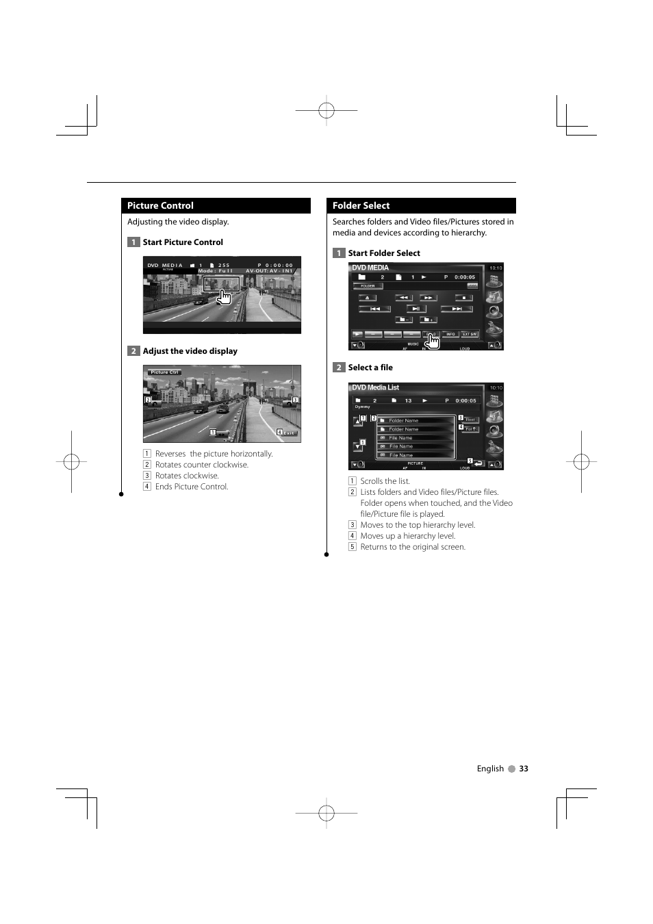Picture control, Folder select | Kenwood KVT-819DVD User Manual | Page 33 / 104