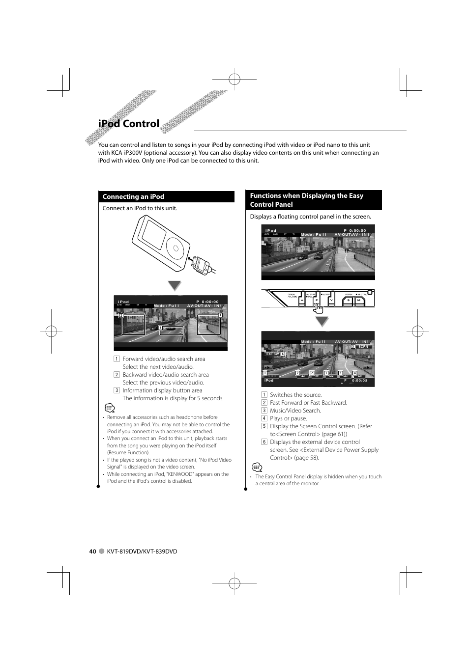 Ipod control, Connecting an ipod, Functions when displaying the easy control panel | Kenwood KVT-819DVD User Manual | Page 40 / 104