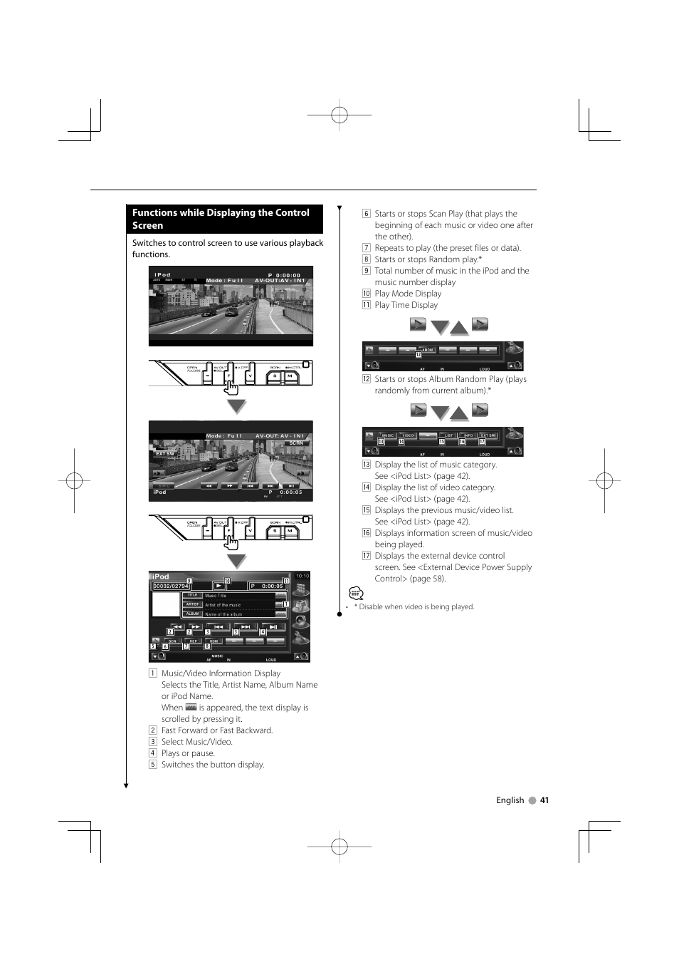 Functions while displaying the control screen | Kenwood KVT-819DVD User Manual | Page 41 / 104