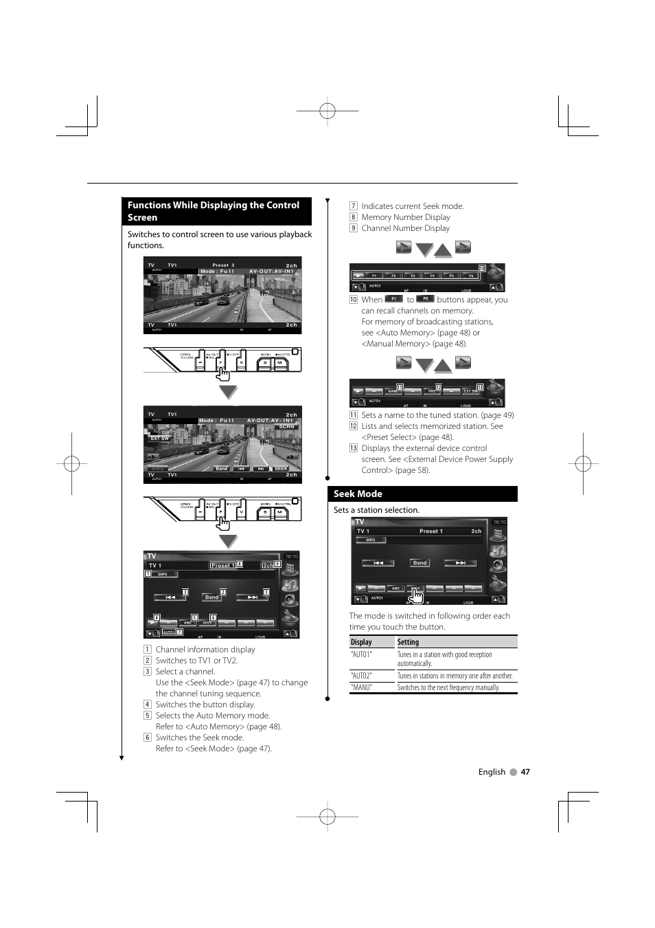Functions while displaying the control screen, Seek mode | Kenwood KVT-819DVD User Manual | Page 47 / 104