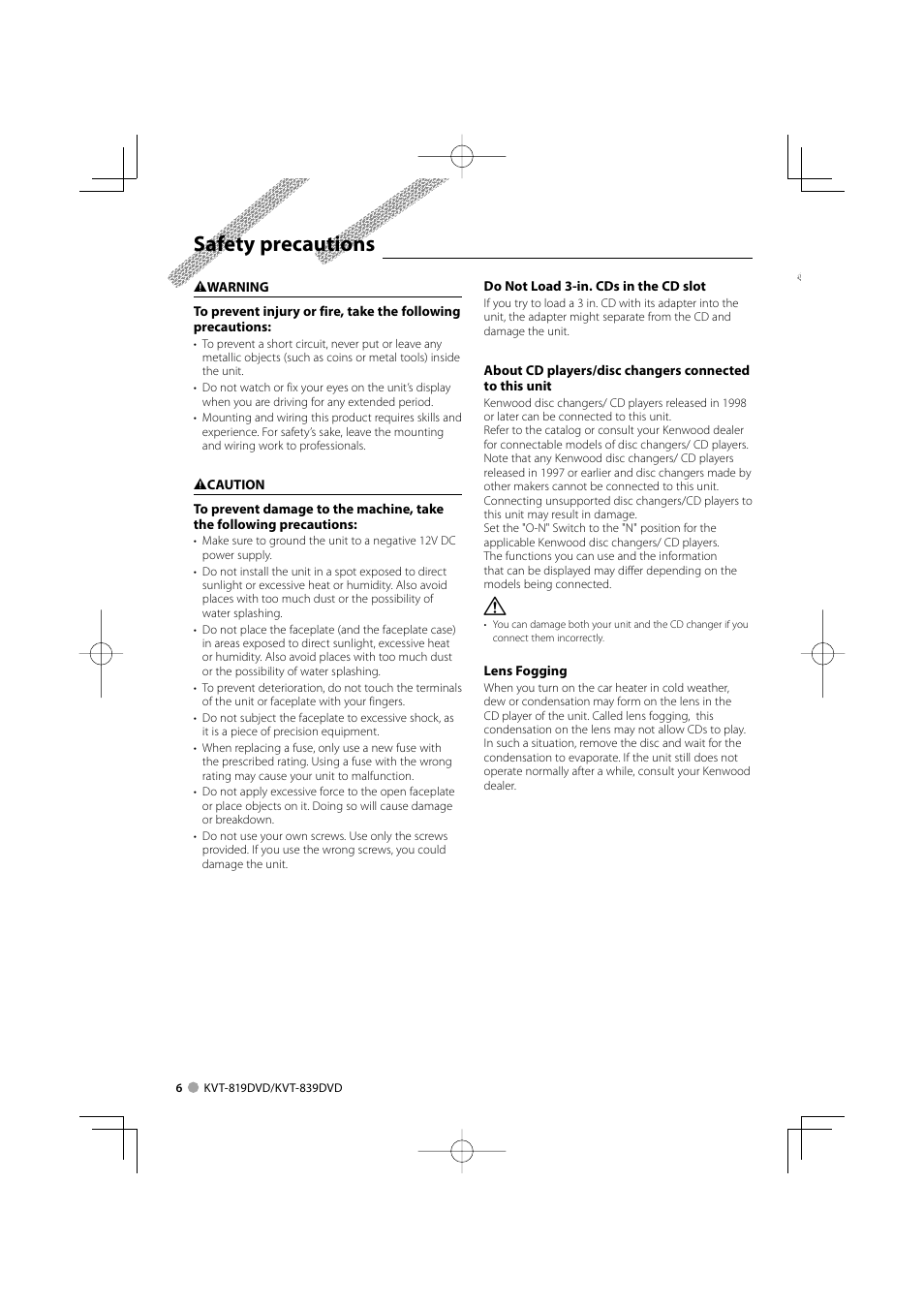 Safety precautions | Kenwood KVT-819DVD User Manual | Page 6 / 104