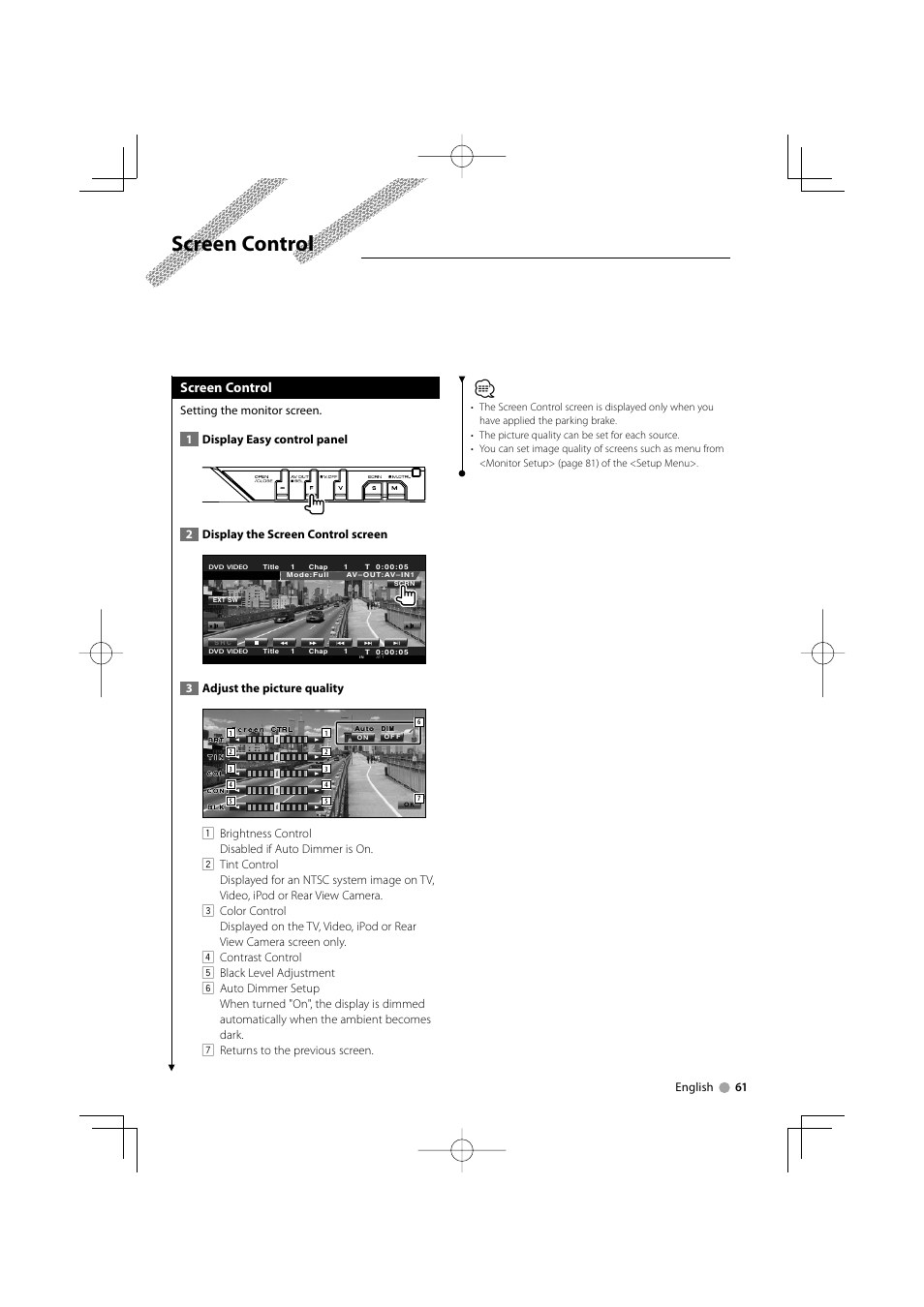 Screen control | Kenwood KVT-819DVD User Manual | Page 61 / 104