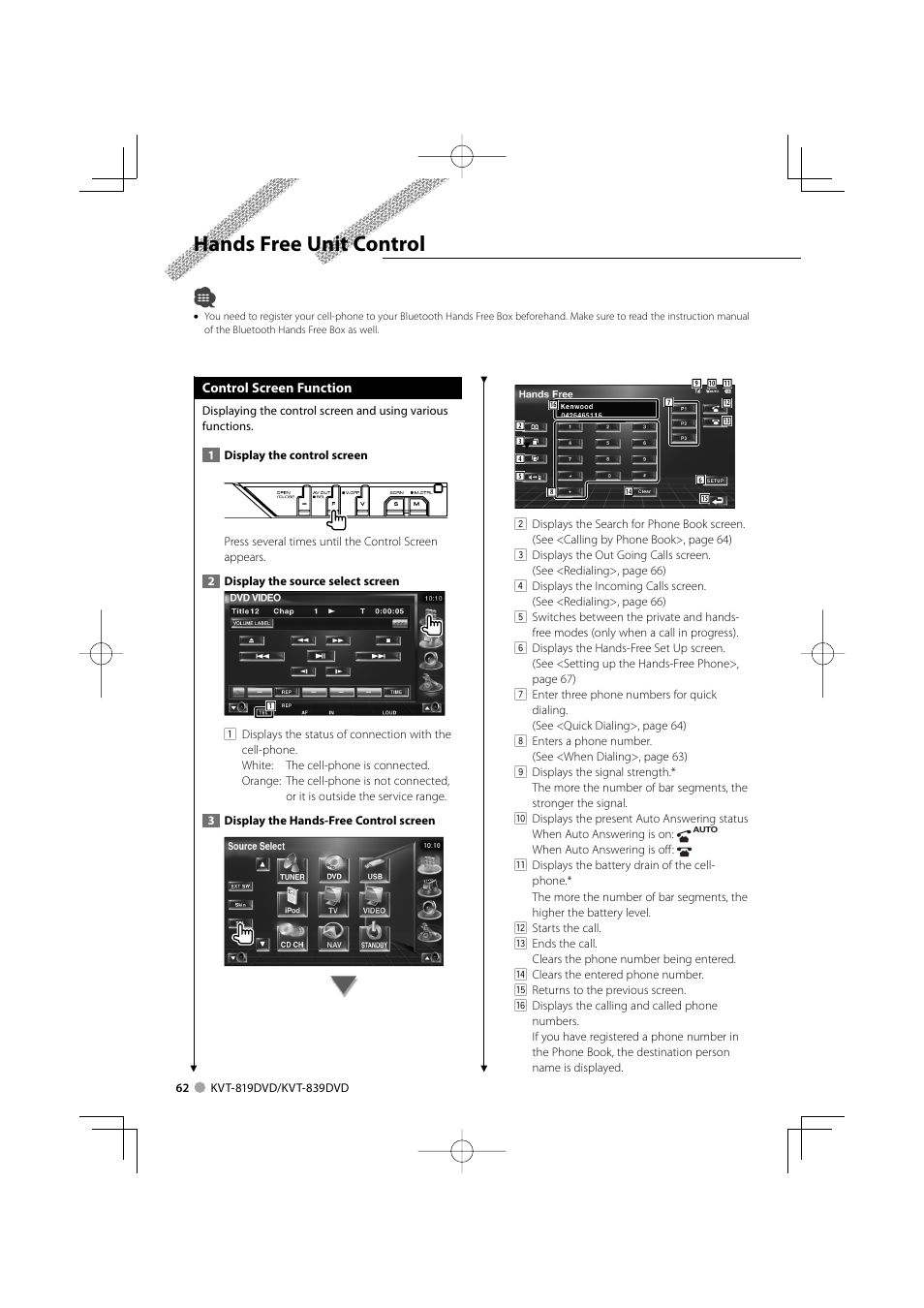 Hands free unit control | Kenwood KVT-819DVD User Manual | Page 62 / 104