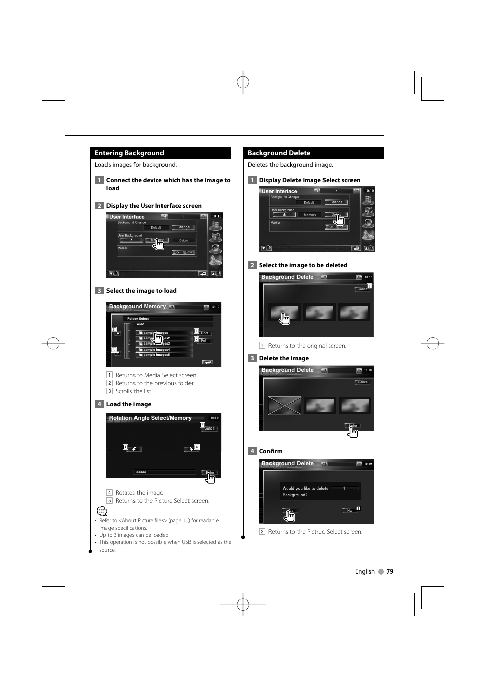 Entering background, Background delete | Kenwood KVT-819DVD User Manual | Page 79 / 104