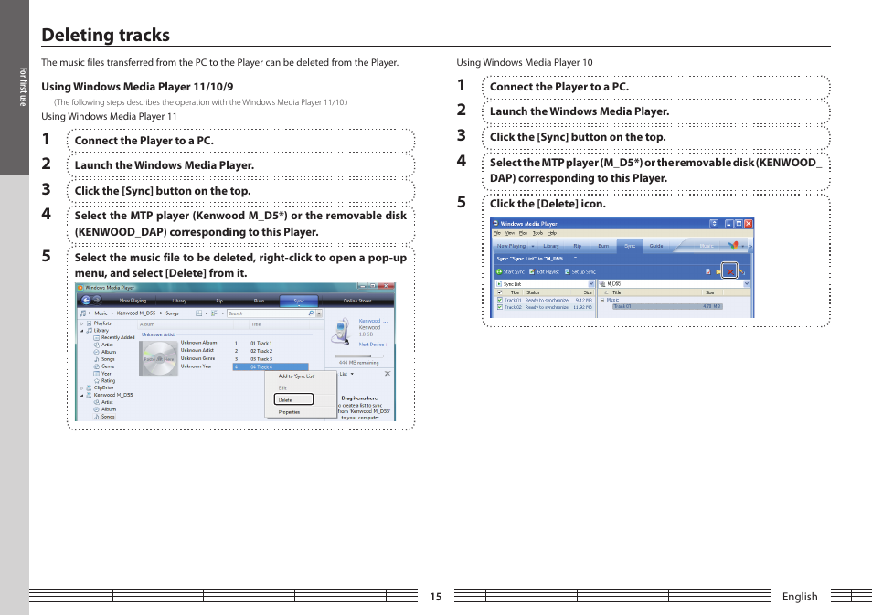 Deleting tracks, Using windows media player 11/10/9 | Kenwood M1GD50 User Manual | Page 15 / 34