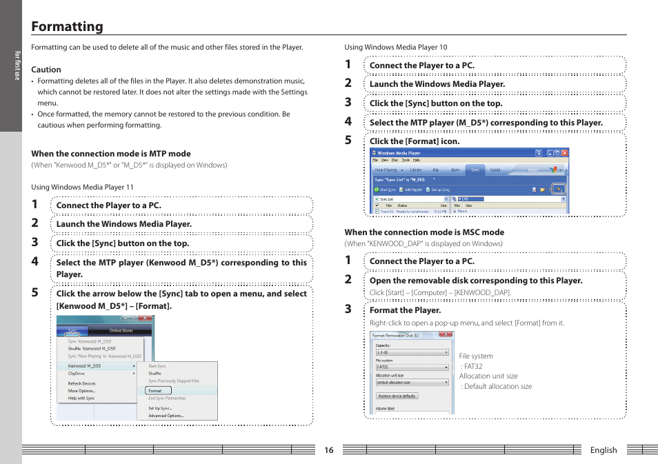 Formatting, When the connection mode is msc mode, When the connection mode is mtp mode | When the connection mode is mtp, Mode, When the connection mode is msc | Kenwood M1GD50 User Manual | Page 16 / 34