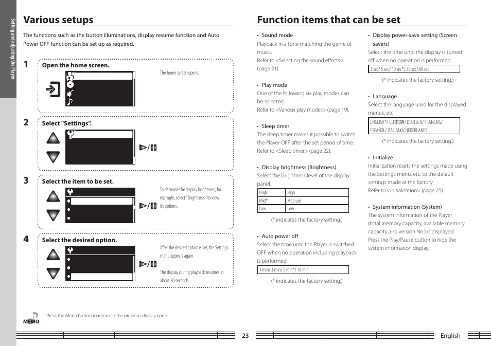 Function items that can be set, Various setups, Various setups function items that can be set | Screen savers | Kenwood M1GD50 User Manual | Page 23 / 34