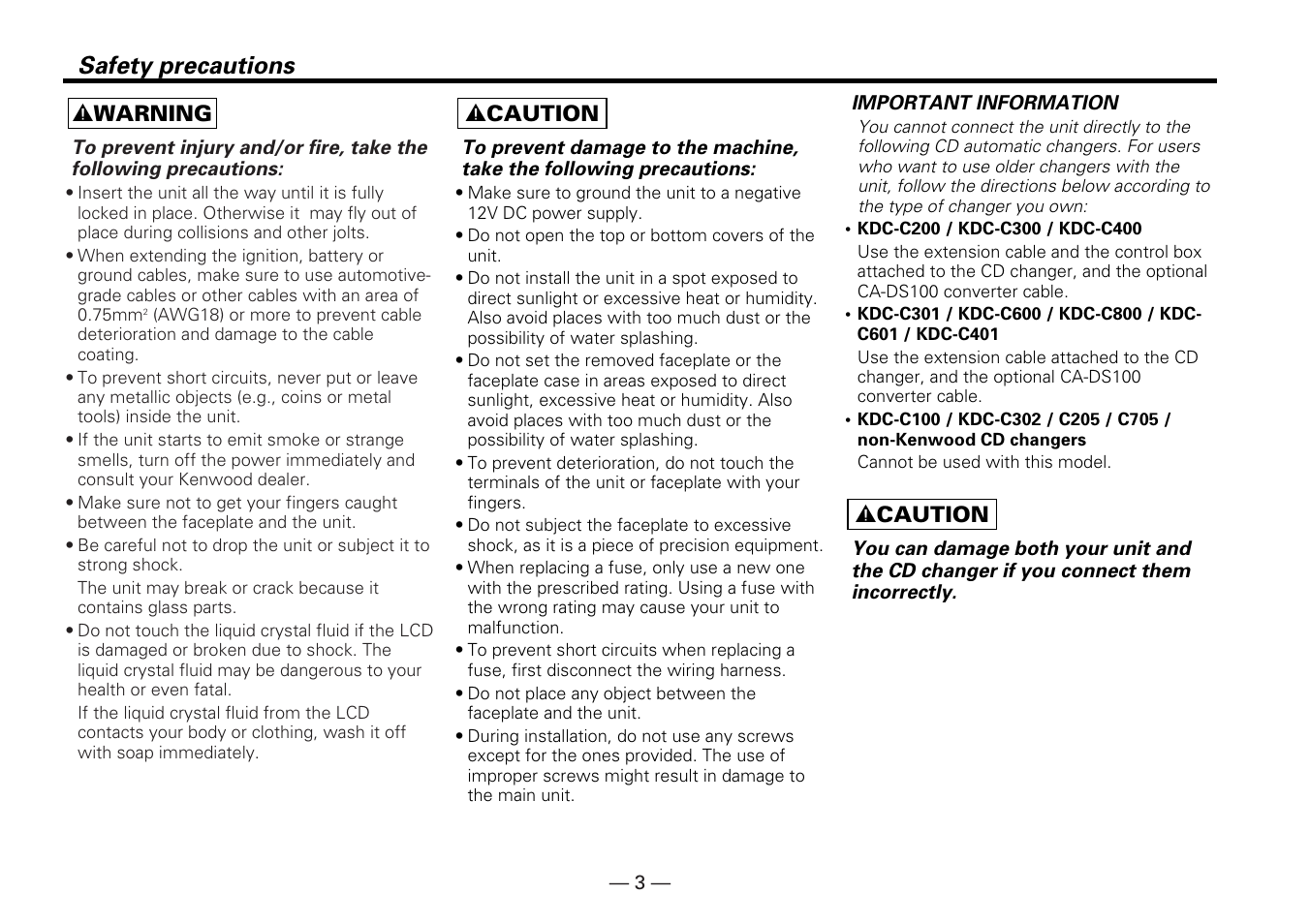 Safety precautions, 2 warning, 2 caution | Kenwood KRC-279RA User Manual | Page 3 / 32
