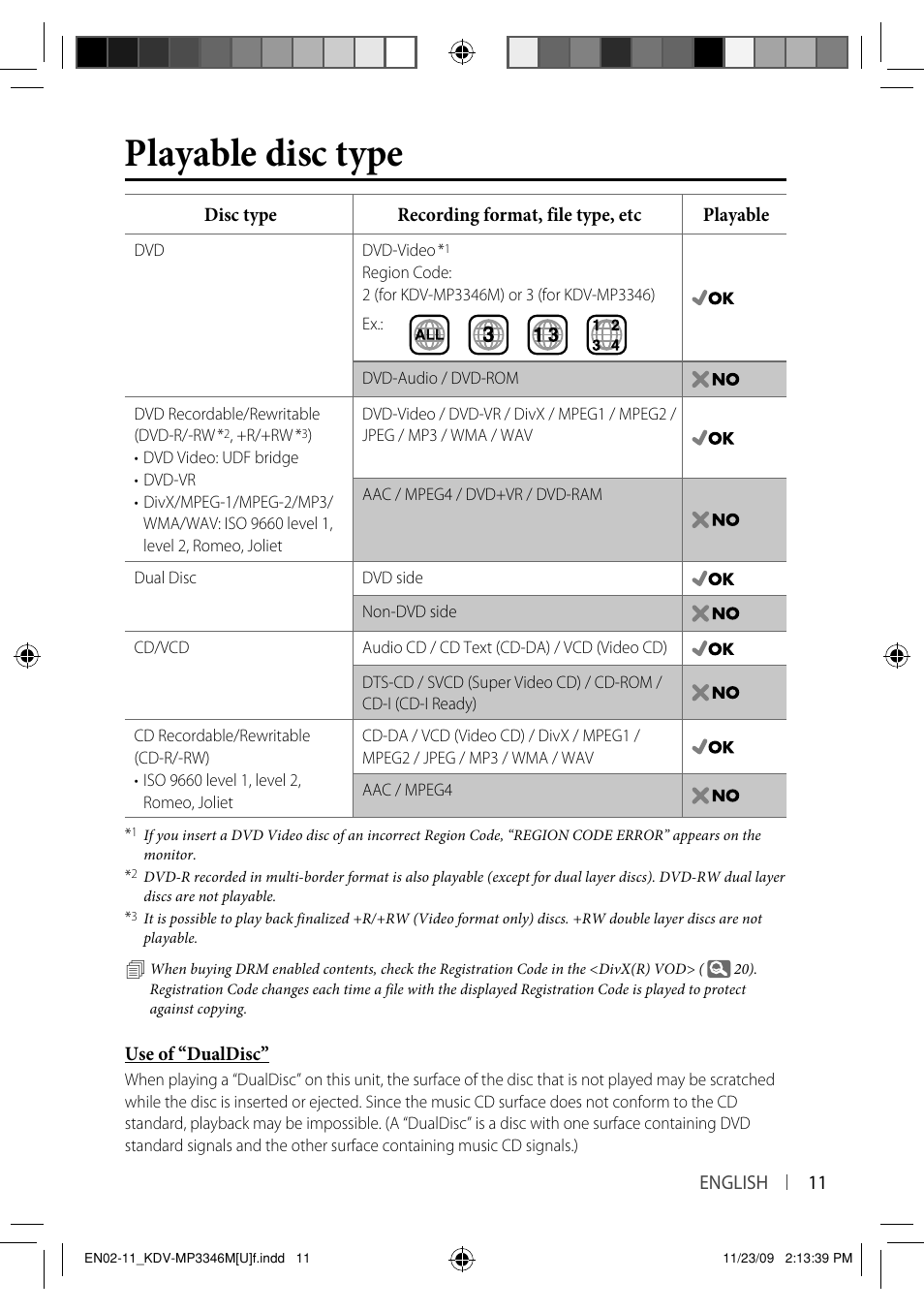 Playable disc type | Kenwood KDV-MP3346 User Manual | Page 11 / 29