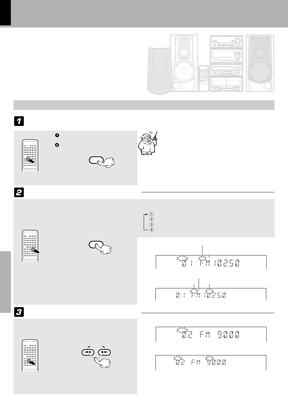 2 c f m 1 9 ) ) . ), 1 c f m 1 ) 2 5 . ), 1 * f m 1 ) 2 5 ) | 2 * f m 1 9 ) ) ), Select the desired information, Auto preset the stations, Receive an rds station, Set the reception band to fm, R.d.s, 2 keep the enter key pressed (2 sec or longer) | Kenwood XD-6550 User Manual | Page 48 / 76