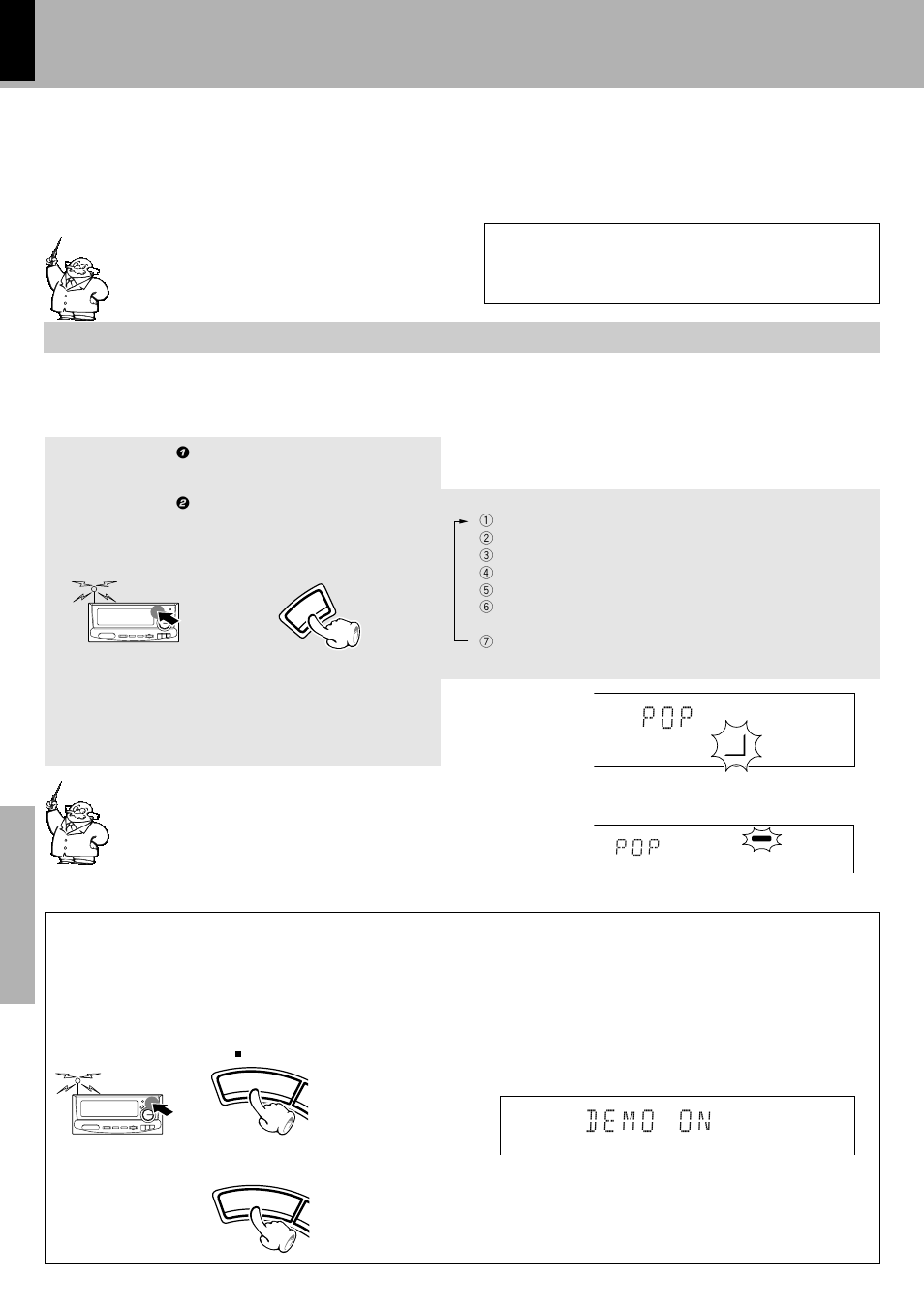 Listening with the desired sound, C d * p o p * ) 1 : 5, Oo n ) 1 : 5 | D e m o, Selecting an equalizer pattern, Equalizer function), P o p, Demonstration, Press so that “demo on” is displayed. for xd-8550, For xd-6000 | Kenwood XD-6550 User Manual | Page 60 / 76