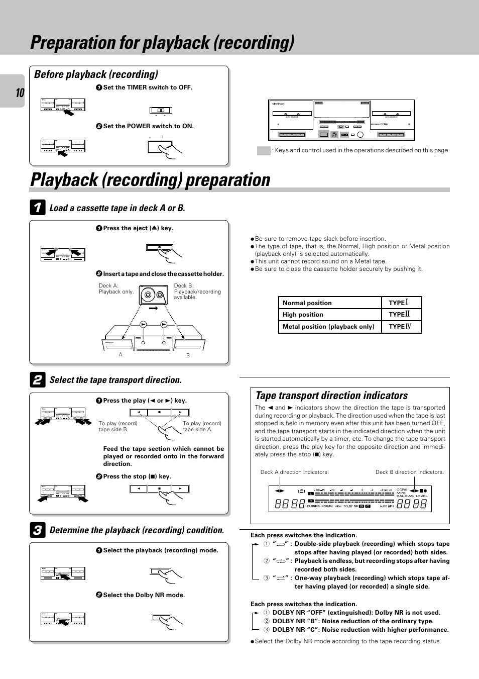 Preparation for playback (recording), Playback (recording) preparation, Playback (recording) preparation 2 | Before playback (recording), Tape transport direction indicators, Select the tape transport direction, Load a cassette tape in deck a or b, Determine the playback (recording) condition | Kenwood CT-405 User Manual | Page 10 / 28
