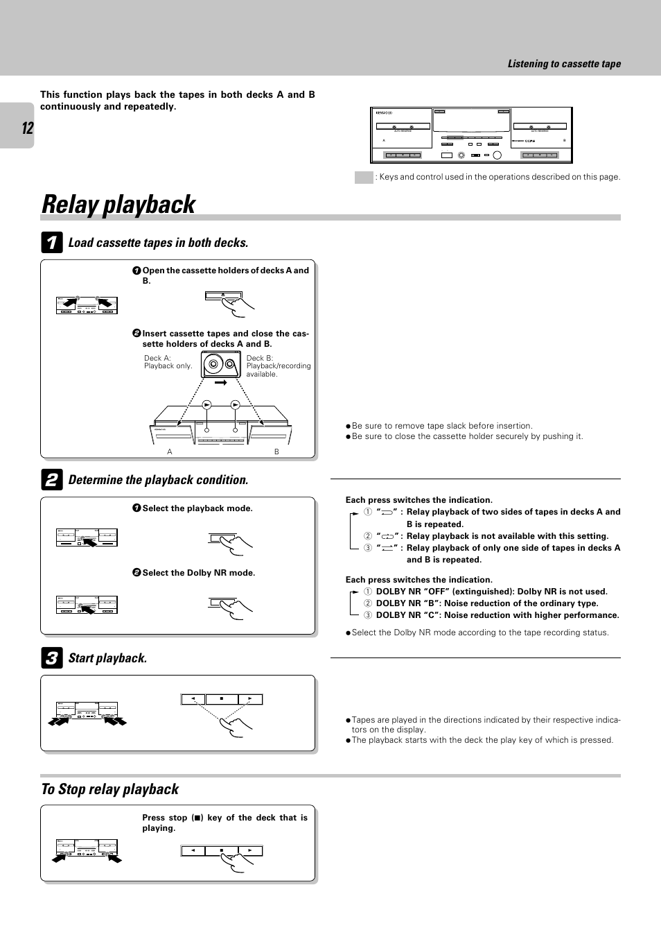Relay playback, Load cassette tapes in both decks, Determine the playback condition | Start playback | Kenwood CT-405 User Manual | Page 12 / 28