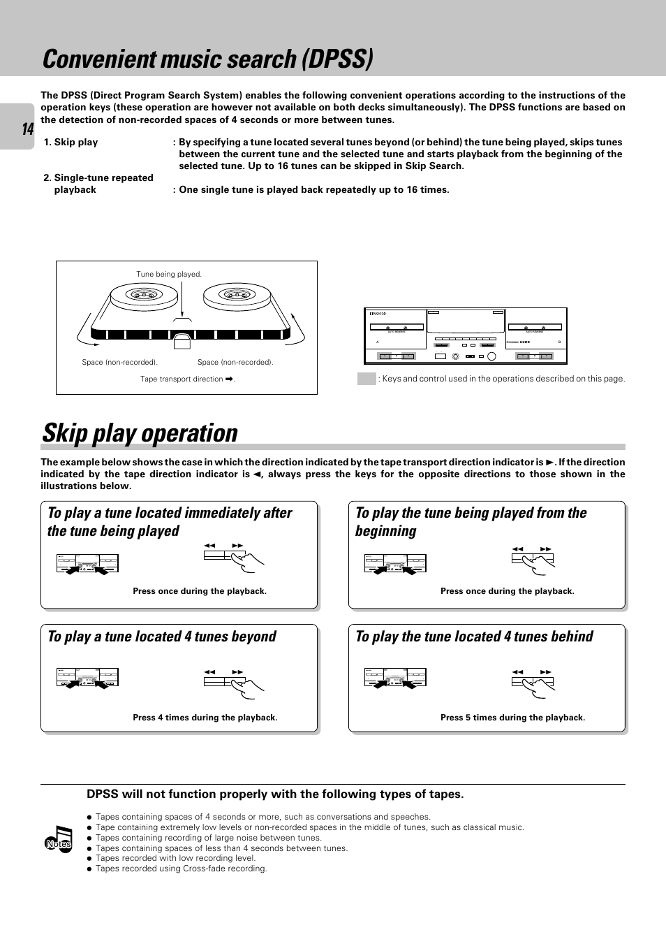 Convenient music search (dpss), Skip play operation | Kenwood CT-405 User Manual | Page 14 / 28