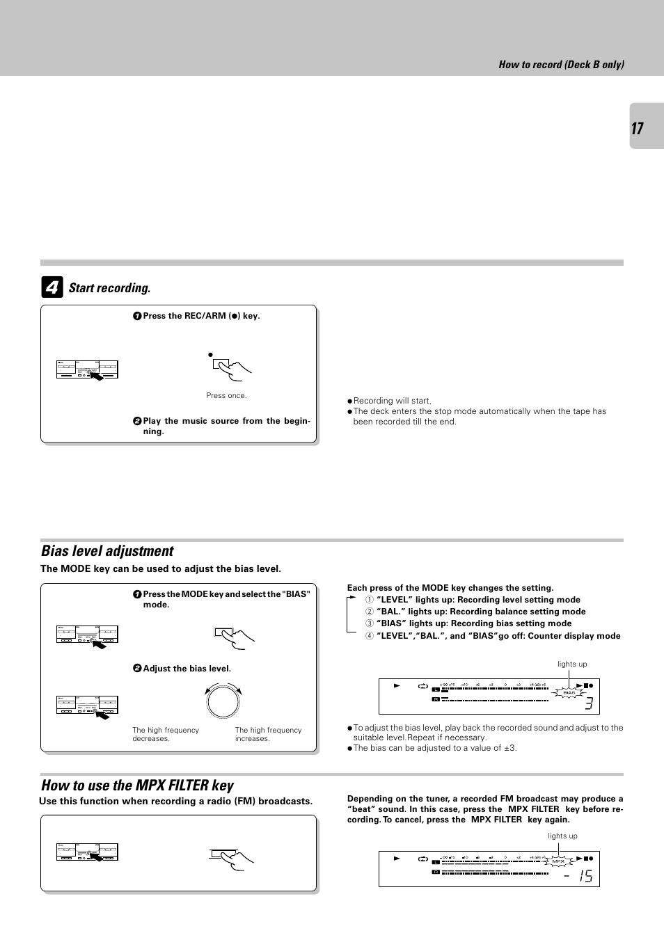 How to use the mpx filter key, Bias level adjustment, Start recording | Kenwood CT-405 User Manual | Page 17 / 28