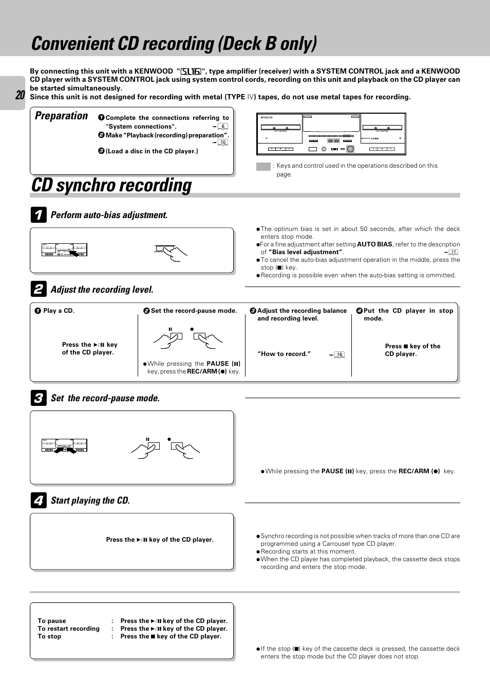 Convenient cd recording (deck b only), Cd synchro recording, Preparation | Perform auto-bias adjustment | Kenwood CT-405 User Manual | Page 20 / 28