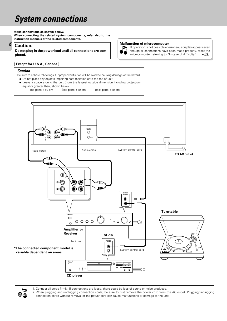 System connections, Caution, Cd player | Amplifier or receiver, Except for u.s.a., canada ), Malfunction of microcomputer, Turntable sl-16 | Kenwood CT-405 User Manual | Page 6 / 28