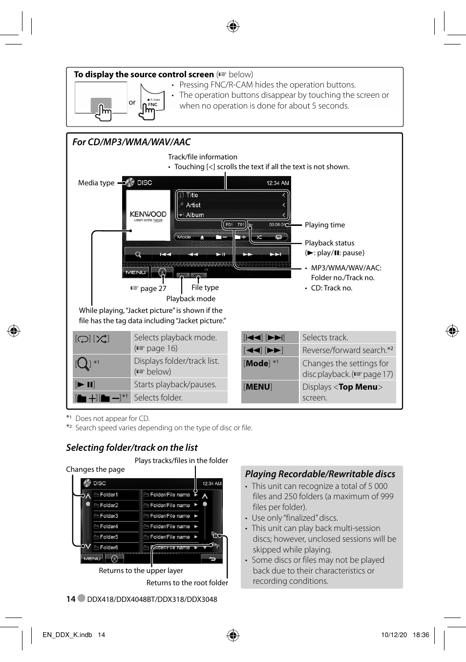 Playing recordable/rewritable discs, Selecting folder/track on the list, For cd/mp3/wma/wav/aac | Kenwood DDX3048 User Manual | Page 14 / 64