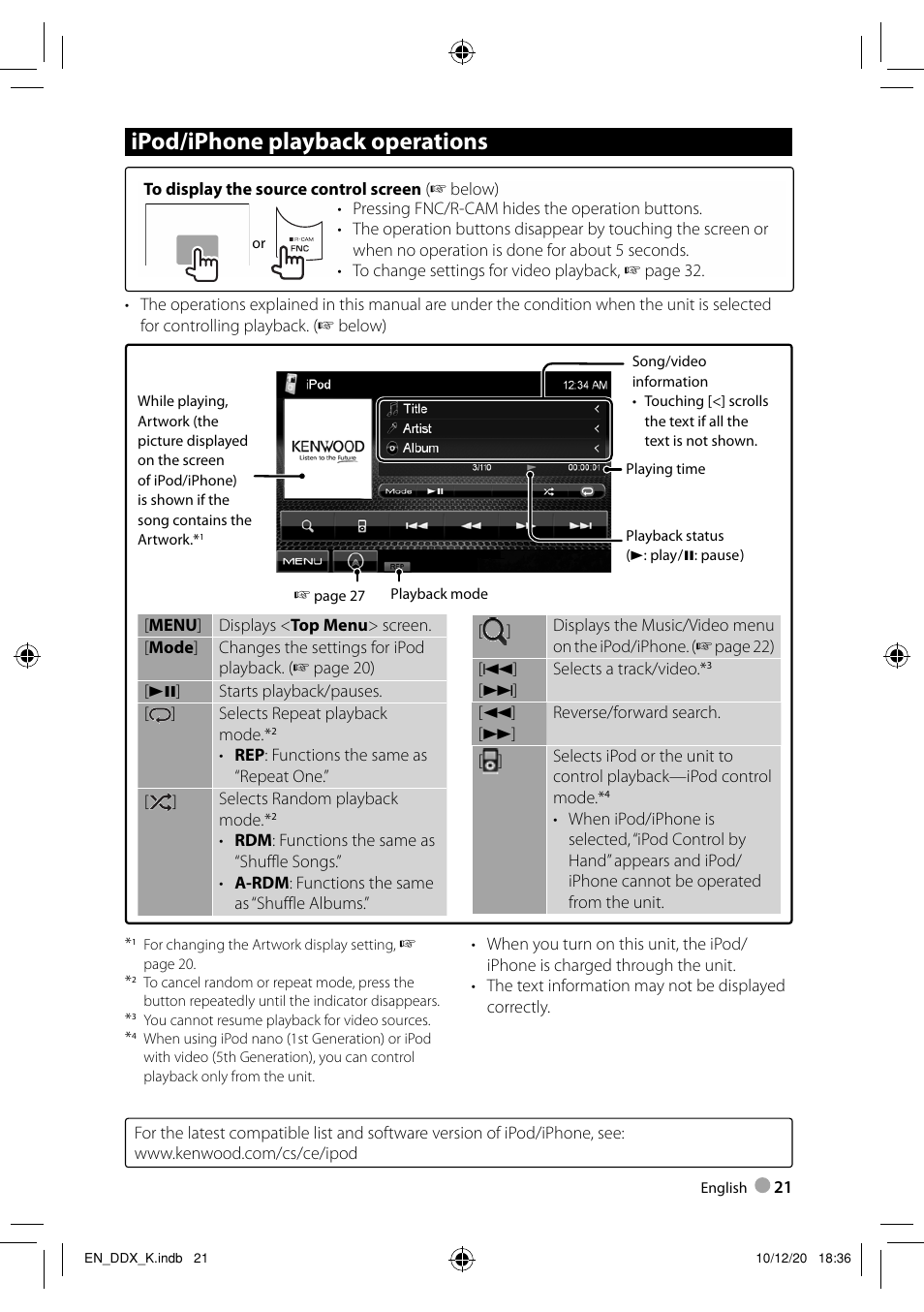 Ipod/iphone playback operations | Kenwood DDX3048 User Manual | Page 21 / 64