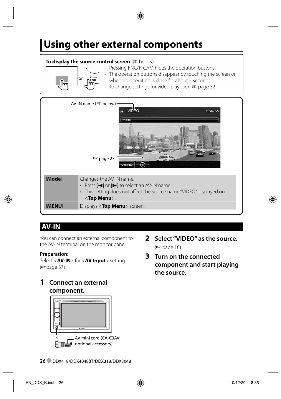 Using other external components, Av-in | Kenwood DDX3048 User Manual | Page 26 / 64