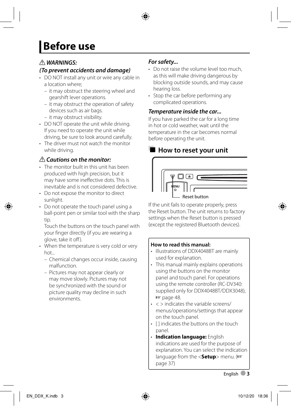 Before use, How to reset your unit | Kenwood DDX3048 User Manual | Page 3 / 64