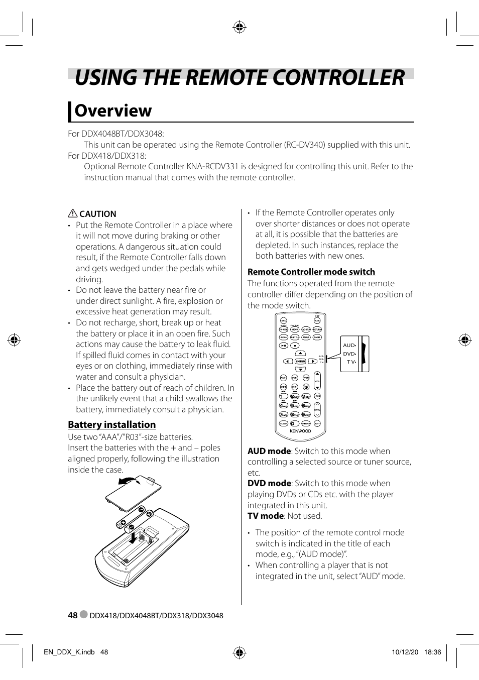 Using the remote controller, Overview | Kenwood DDX3048 User Manual | Page 48 / 64