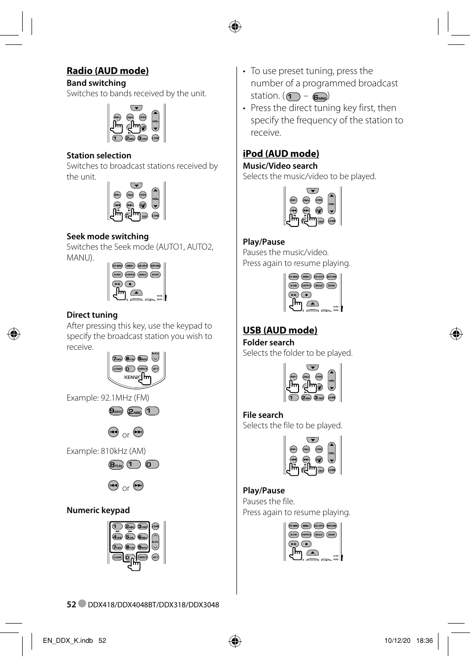 Radio (aud mode), Usb (aud mode) | Kenwood DDX3048 User Manual | Page 52 / 64