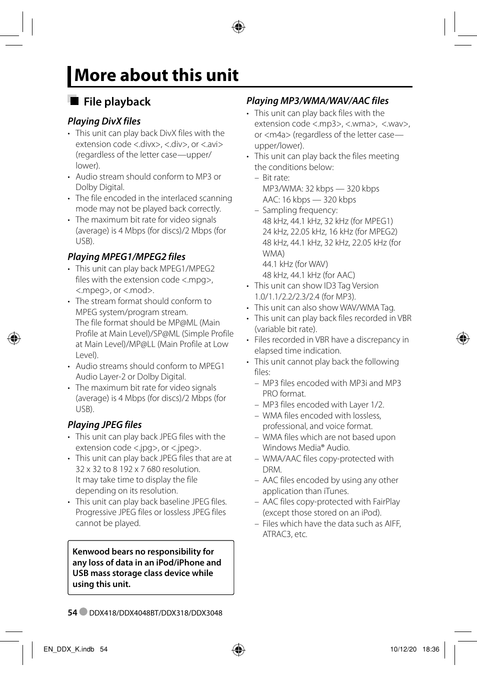 More about this unit, File playback | Kenwood DDX3048 User Manual | Page 54 / 64